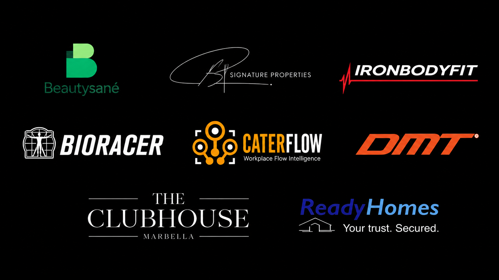 Logos des partenaires actuels de 1000 Miles : Beautysané, BP Signature Properties, Ironbodyfit, Bioracer, Caterflow, DMT, The Clubhouse Marbella, ReadyHomes