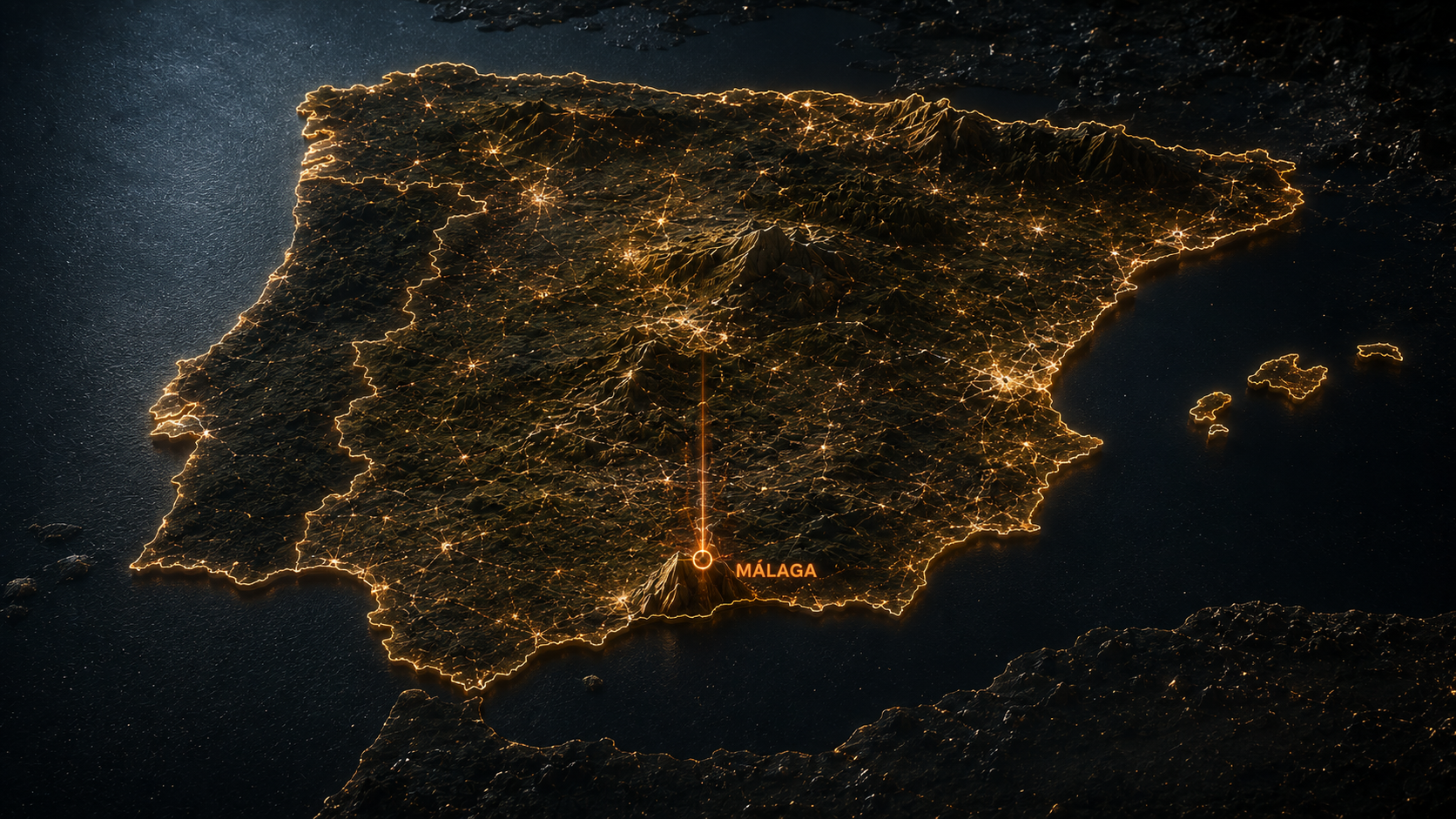 Carte nocturne de l'Espagne avec Malaga mise en évidence