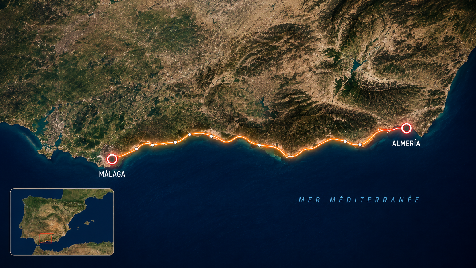 Carte aérienne de l'Andalousie avec l'itinéraire Malaga → Almería le long de la côte méditerranéenne